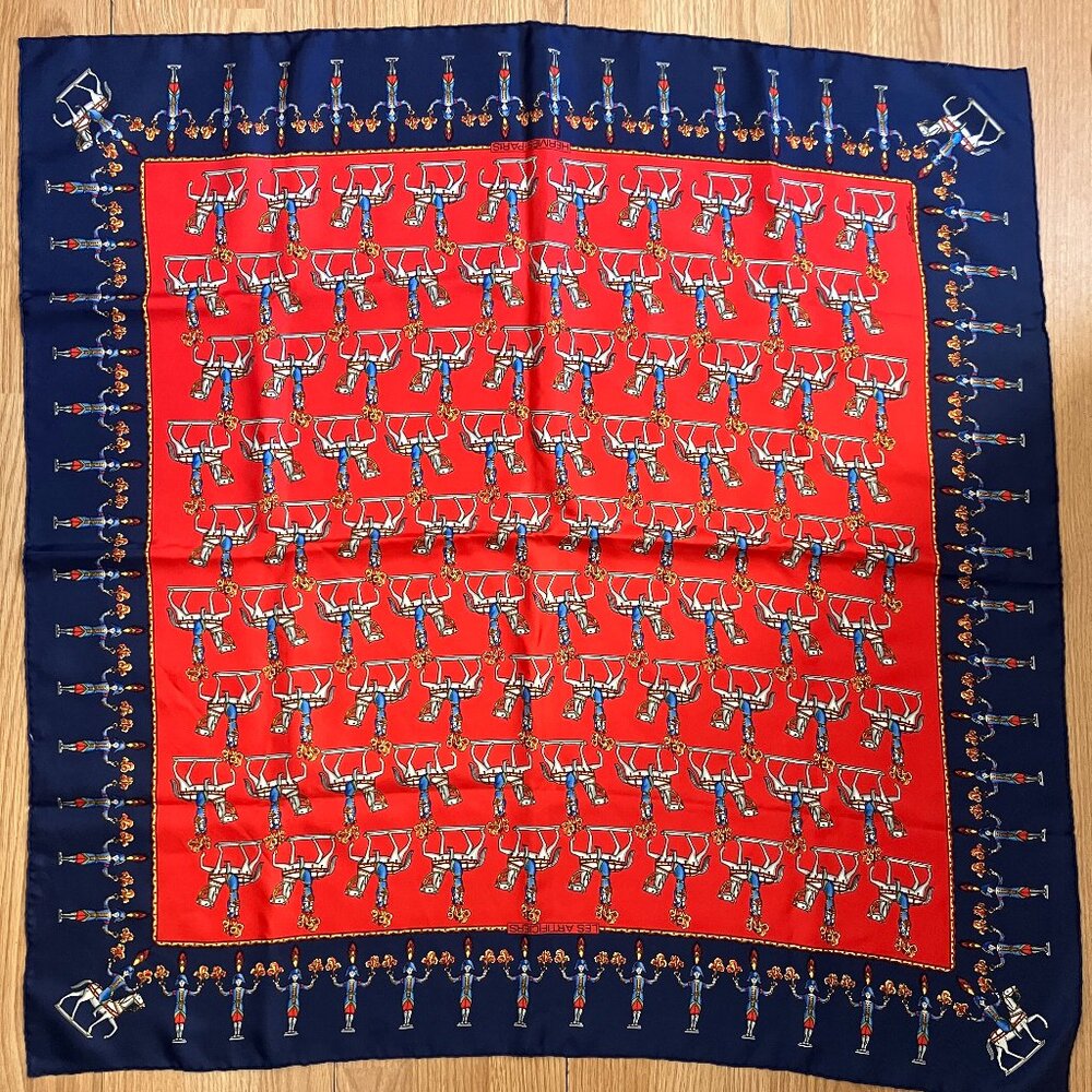 Authentic Hermes Les Artificiers Vintage Scarf 90cm Silk Duchene Red Blue Horse